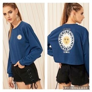 Le Soleil Crop Sweatshirt Blue Sun Print Terry Cloth S Streetwear Gorpcore